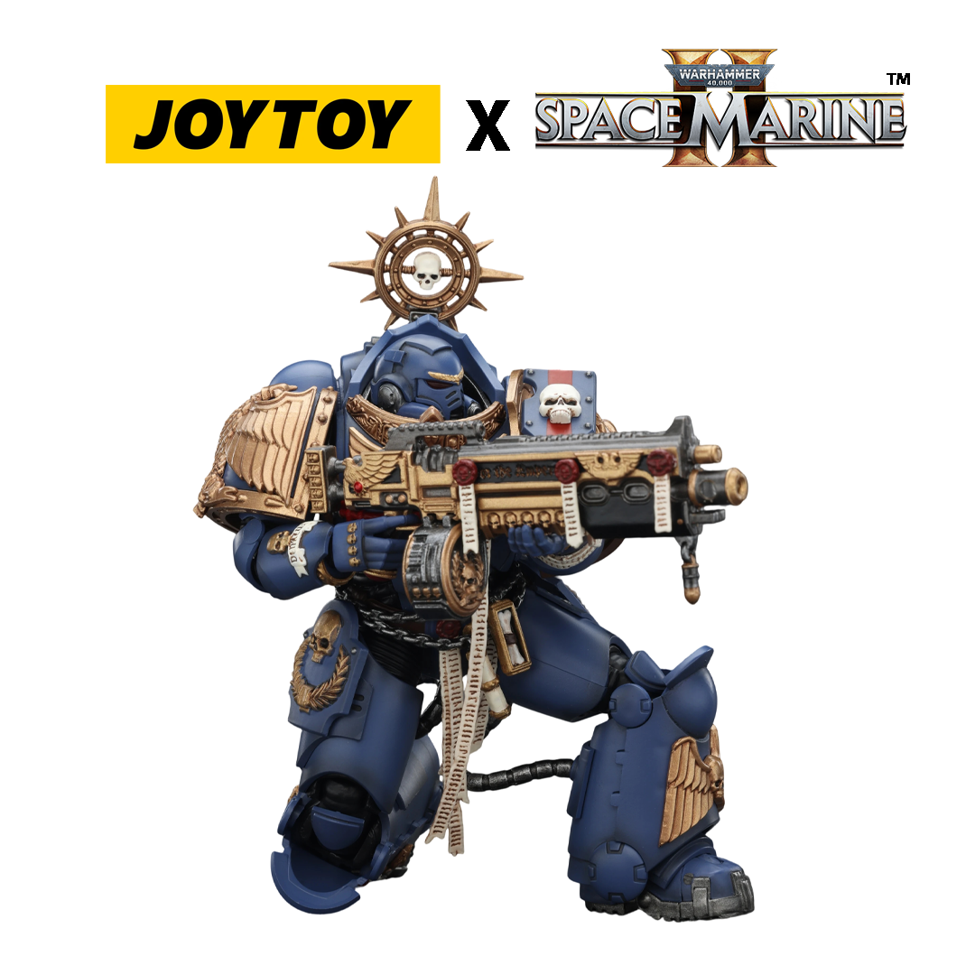 JoyToy Warhammer 40,000 Space Marine 2 Action Figure - Ultramarines, Heavy Relic Primus Armour, with Heavy Relic Bolt Rifle (1/18 Scale) Preorder