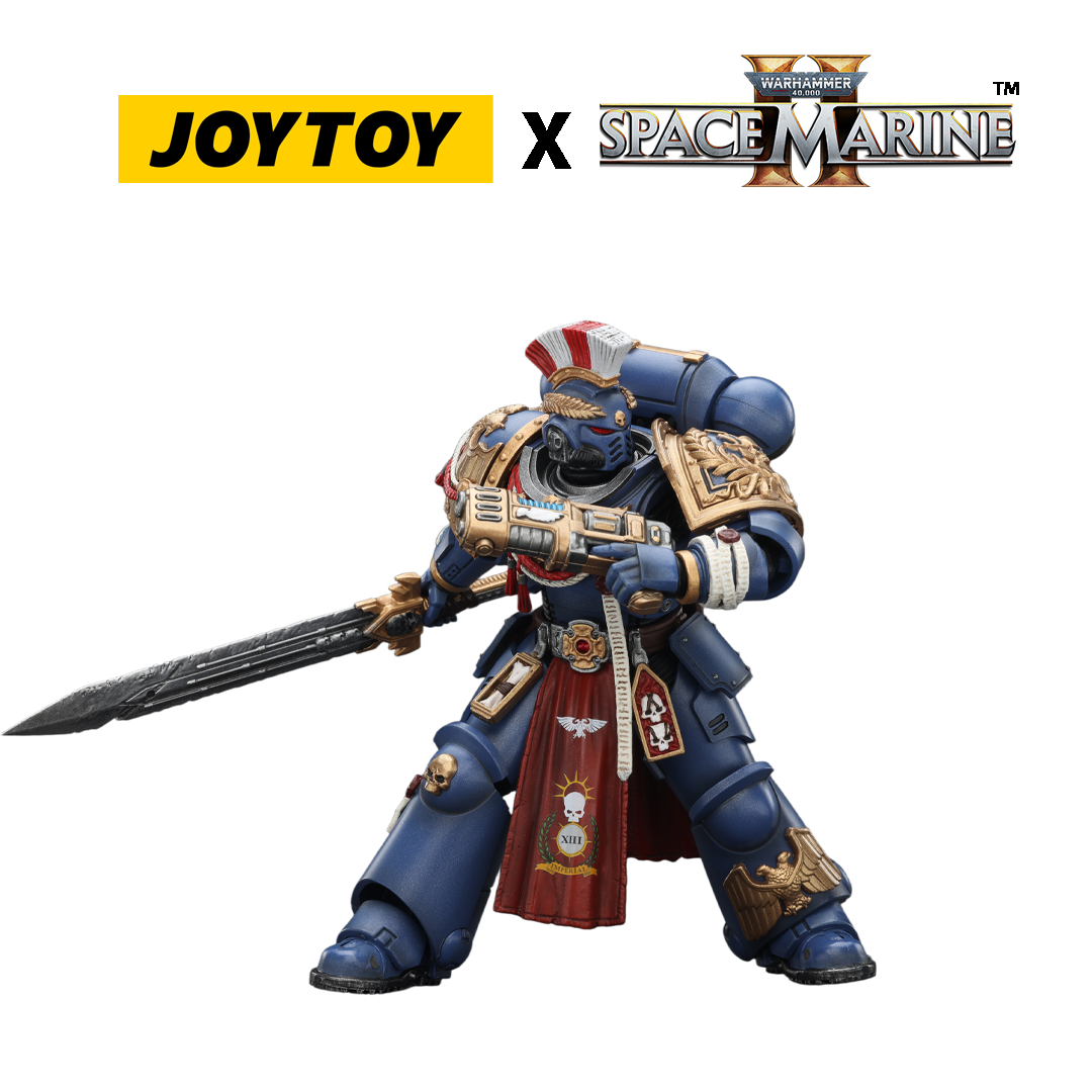 JoyToy Warhammer 40,000 Space Marine 2 Action Figure - Ultramarines, Relic Primus Armour, with Plasma Pistol and Combat Blade (1/18 Scale) Preorder