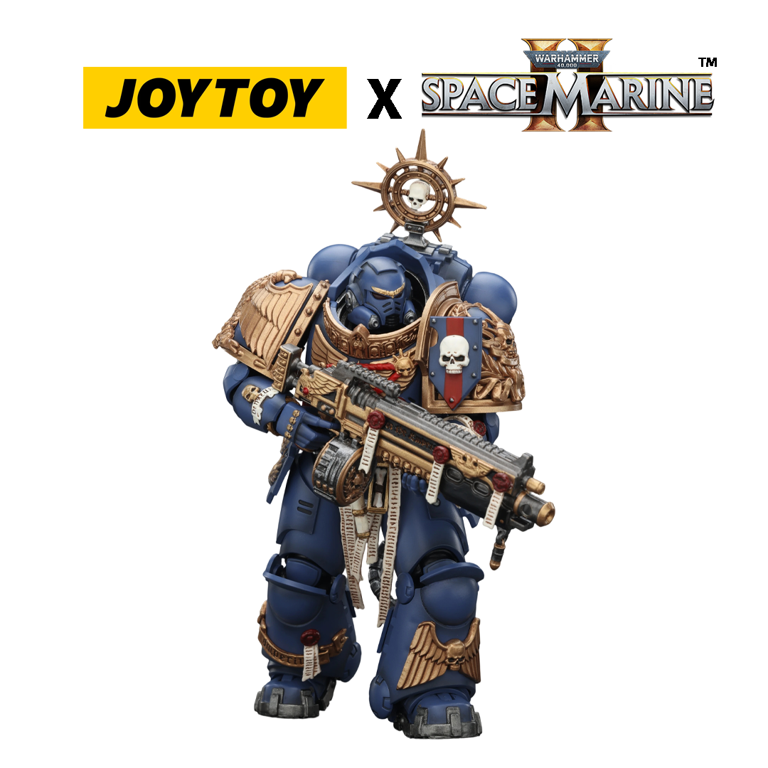 JoyToy Warhammer 40,000 Space Marine 2 Action Figure - Ultramarines, Heavy Relic Primus Armour, with Heavy Relic Bolt Rifle (1/18 Scale) Preorder