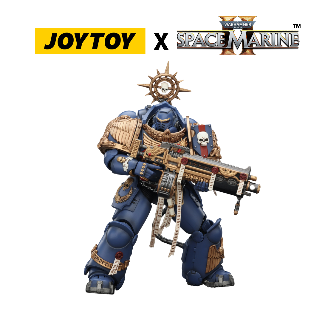 JoyToy Warhammer 40,000 Space Marine 2 Action Figure - Ultramarines, Heavy Relic Primus Armour, with Heavy Relic Bolt Rifle (1/18 Scale) Preorder