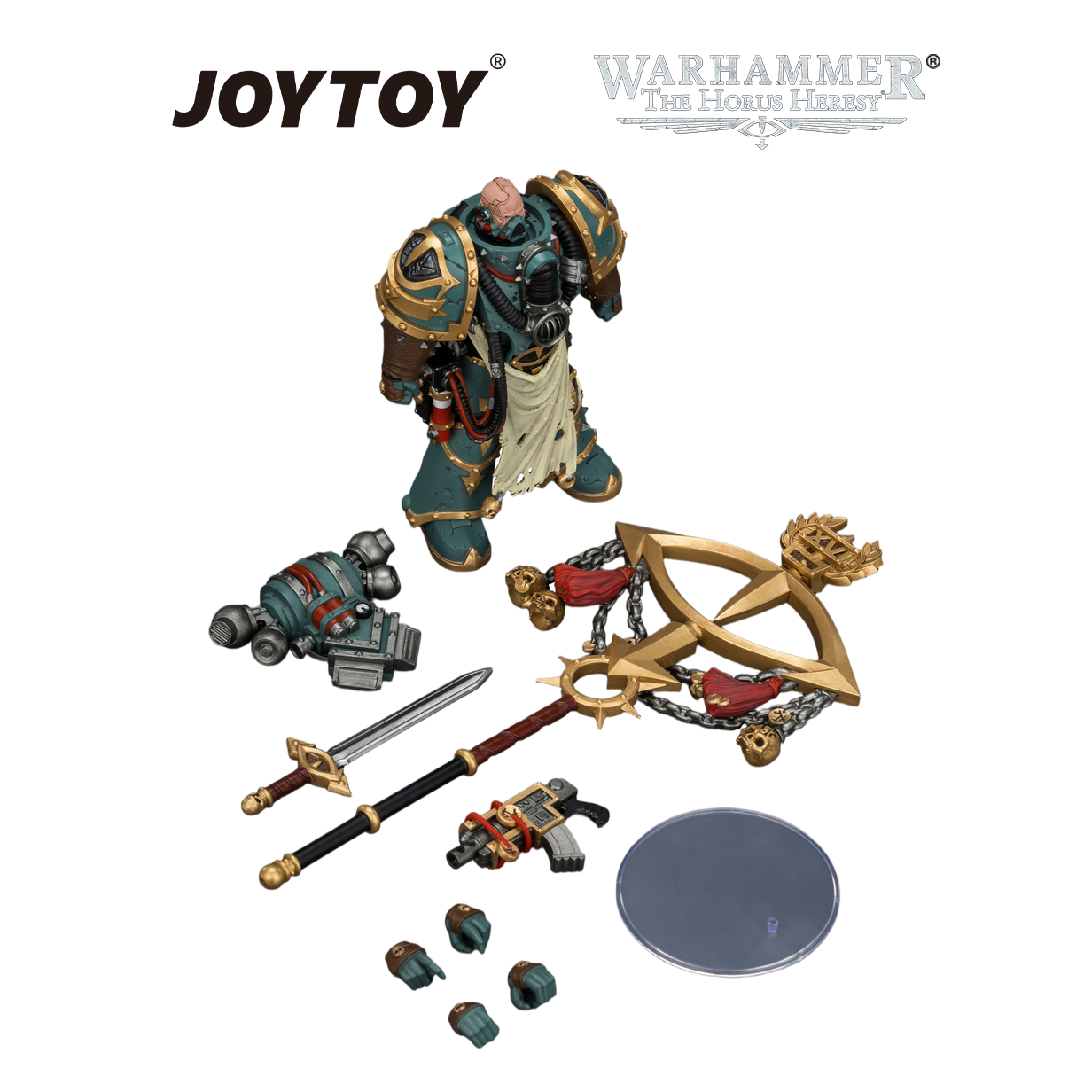 JOYTOY Warhammer The Horus Heresy - Sons of Horus, Maloghurst the Twisted, The Warmaster's Equerry, with Legion Standard and Banestrike Bolter (1/18 Scale) Preorder