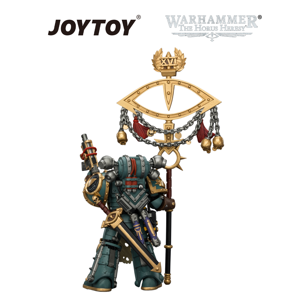 JOYTOY Warhammer The Horus Heresy - Sons of Horus, Maloghurst the Twisted, The Warmaster's Equerry, with Legion Standard and Banestrike Bolter (1/18 Scale) Preorder