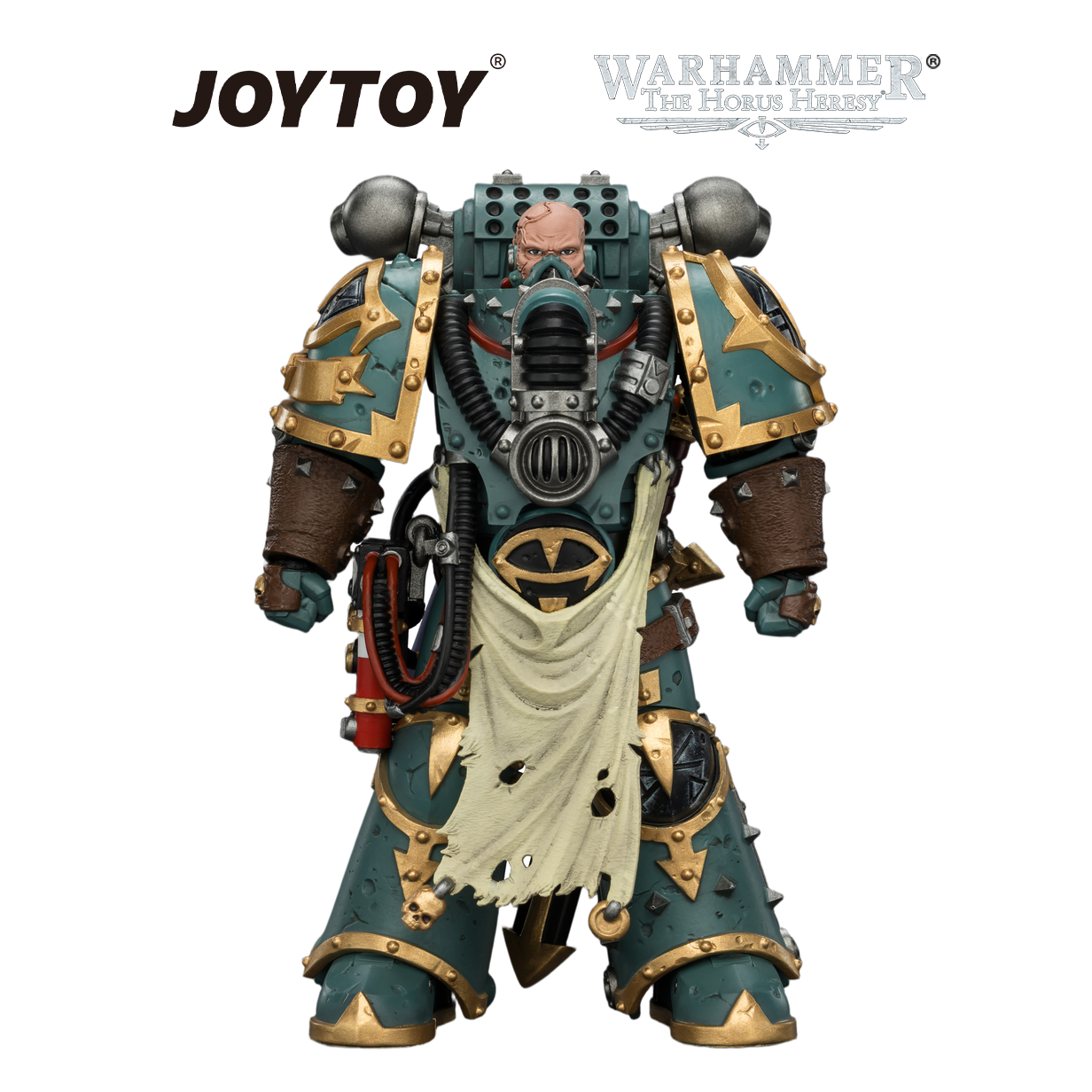 JOYTOY Warhammer The Horus Heresy - Sons of Horus, Maloghurst the Twisted, The Warmaster's Equerry, with Legion Standard and Banestrike Bolter (1/18 Scale) Preorder