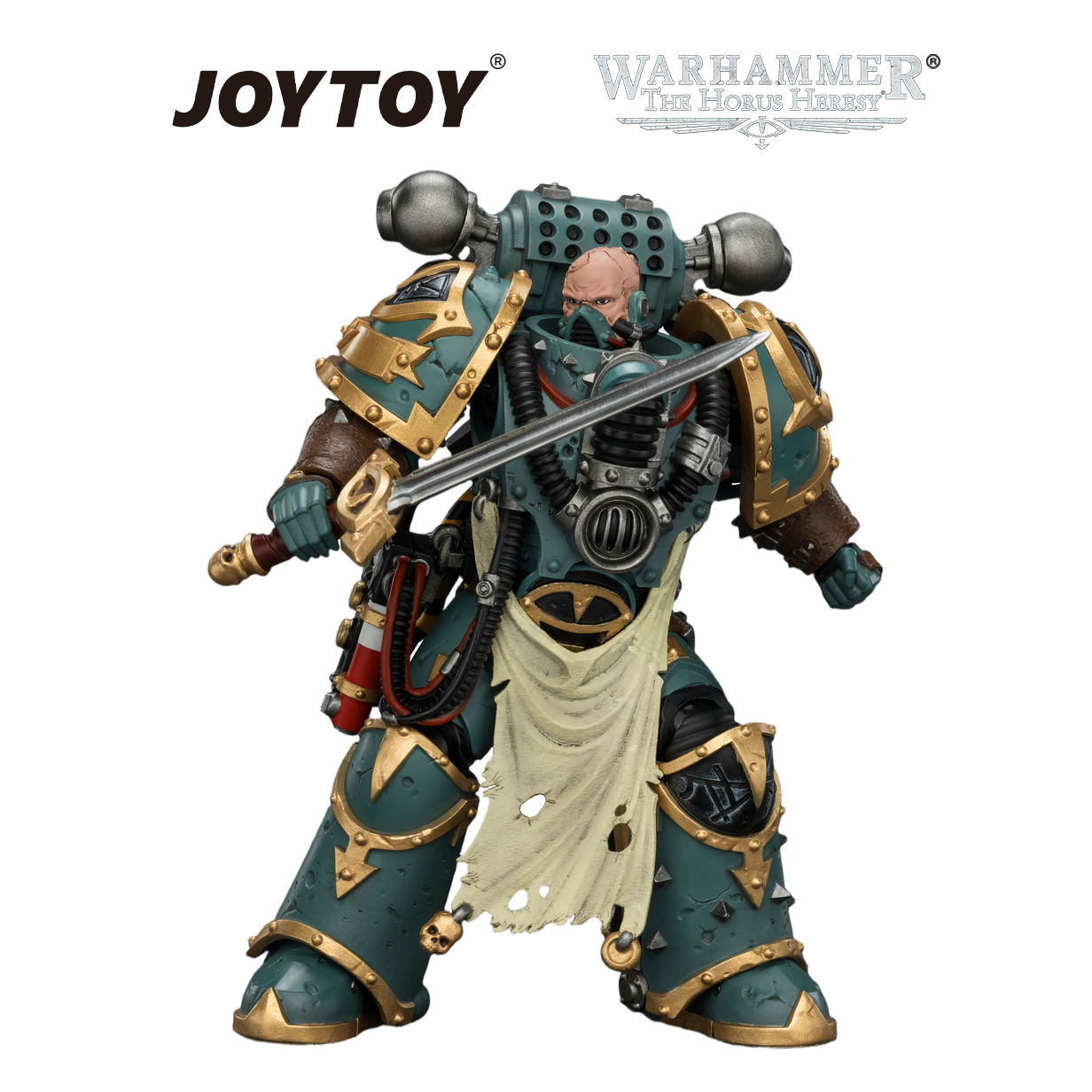JOYTOY Warhammer The Horus Heresy - Sons of Horus, Maloghurst the Twisted, The Warmaster's Equerry, with Legion Standard and Banestrike Bolter (1/18 Scale) Preorder