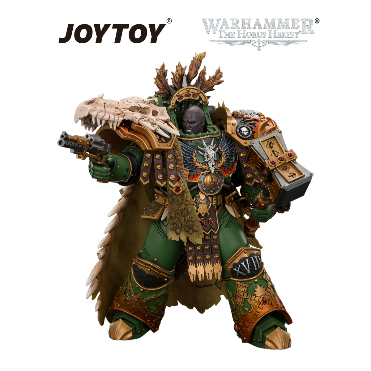 JOYTOY Warhammer The Horus Heresy - Salamanders, Vulkan, Primarch of the XVIIIth Legion with Dawnbringer, The Furnace's Heart and Dragon's Breath Gauntlet (1/18 Scale) Preorder & Exclusive T Shirt USA